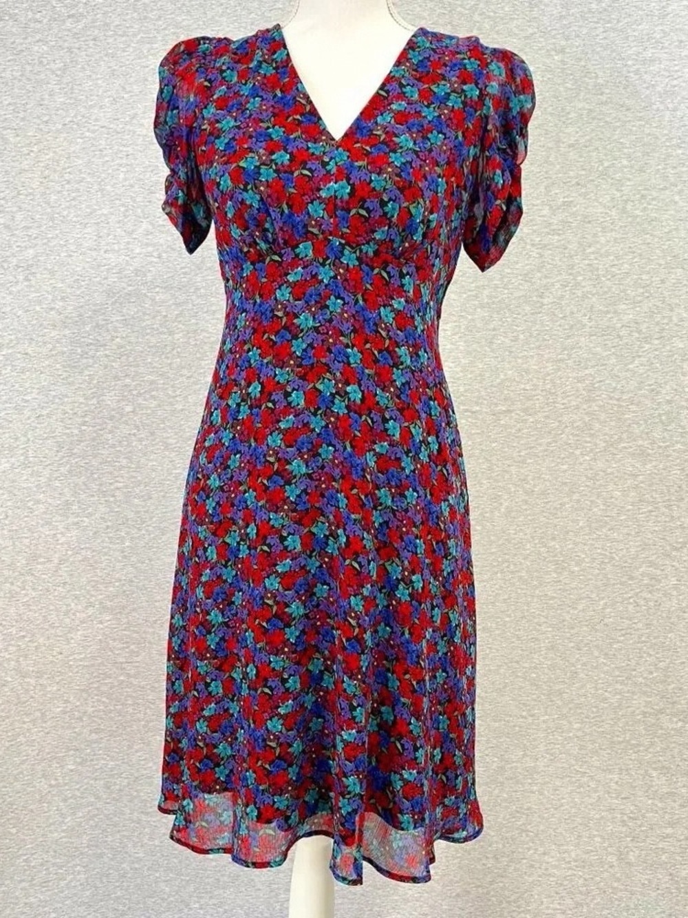 Calvin Klein Red and Blue Floral V-Neck Mini Dress